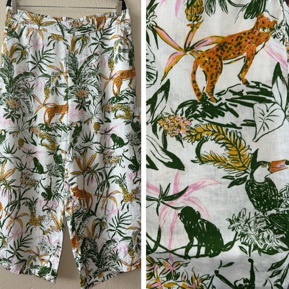 100% Linen Tropical Jungle Wide Leg Pull On Elastic Waist Cropped White Pants XL - Picture 1 of 12